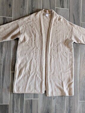 Chico's Beige Knit Cardigan Open Front Pearl Embellished Size 3 (XL)
